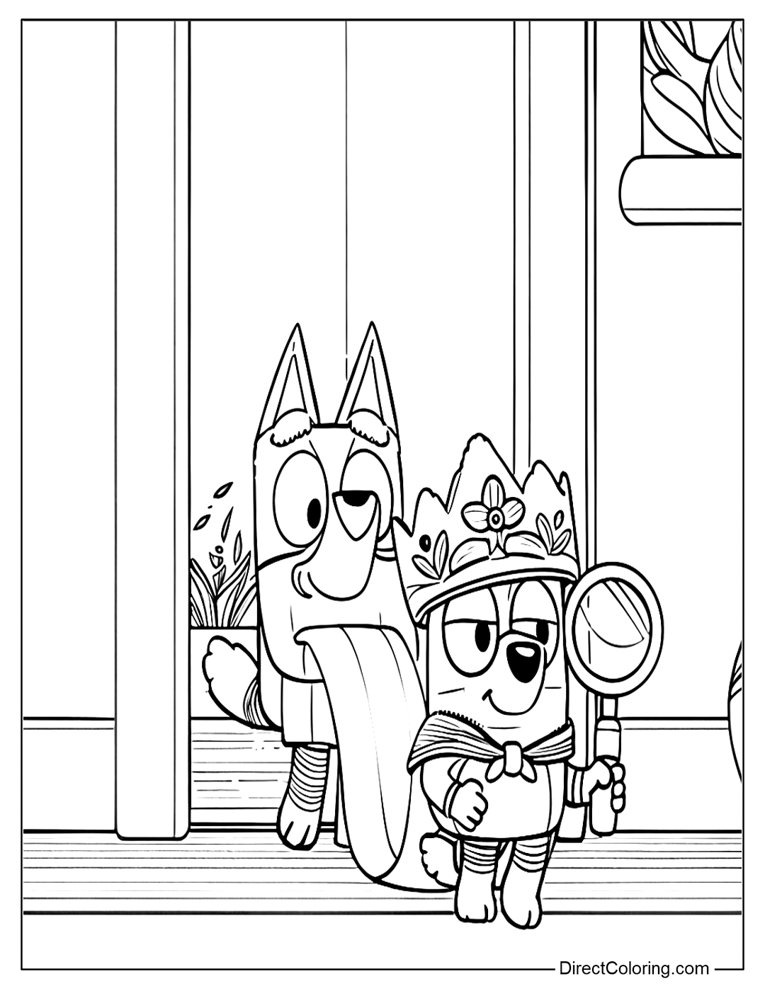 coloring page Bluey and Bingo playing detective with a magnifying glass